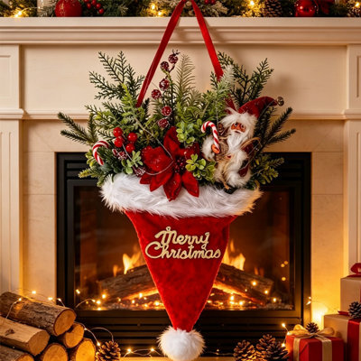 CLEFFNS Christmas Hat Wreath For Front Door, Merry Christmas Santa Hat Wreath With Santa, Xmas Wall Hanging Sign For Door Window Fireplace - image 1