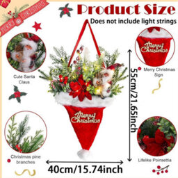 CLEFFNS Christmas Hat Wreath For Front Door, Merry Christmas Santa Hat Wreath With Santa, Xmas Wall Hanging Sign For Door Window Fireplace - thumbnail 2
