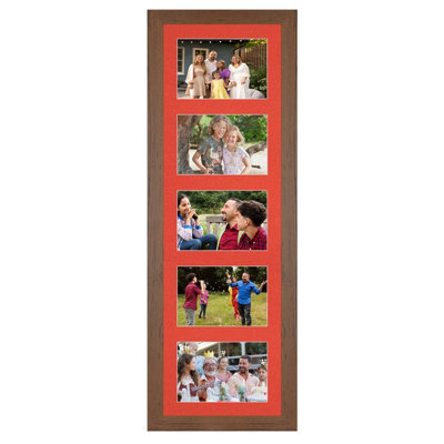 AK Frames 26X8 Walnut Modern Multi Photo Frame With Poppy Red Mount - Holds 5 Apertures (5X) 6X4 Photos - image 1