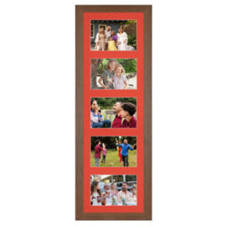 AK Frames 26X8 Walnut Modern Multi Photo Frame With Poppy Red Mount - Holds 5 Apertures (5X) 6X4 Photos