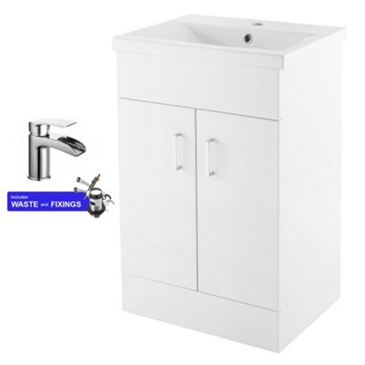FNX Bathrooms 500mm Modern Freestanding Gloss White Bathroom Vanity Unit & Basin With 2 Soft-Close Doors & Polished Chrome Tap & Waste Set - image 1