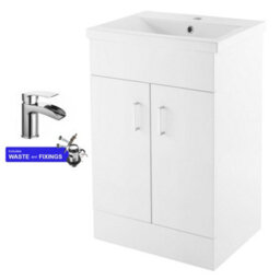 FNX Bathrooms 500mm Modern Freestanding Gloss White Bathroom Vanity Unit & Basin With 2 Soft-Close Doors & Polished Chrome Tap & Waste Set - thumbnail 1