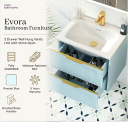 Royal Bathrooms Evora 700mm Powder Blue Fluted Wall Hung Bathroom Vanity Unit 2 Drawer Cabinet Storage With Stone Basin & Brushed Brass Handles - thumbnail 5