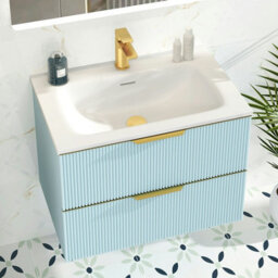 Royal Bathrooms Evora 700mm Powder Blue Fluted Wall Hung Bathroom Vanity Unit 2 Drawer Cabinet Storage With Stone Basin & Brushed Brass Handles - thumbnail 6