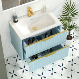 Royal Bathrooms Evora 700mm Powder Blue Fluted Wall Hung Bathroom Vanity Unit 2 Drawer Cabinet Storage With Stone Basin & Brushed Brass Handles - thumbnail 4