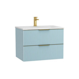 Royal Bathrooms Evora 700mm Powder Blue Fluted Wall Hung Bathroom Vanity Unit 2 Drawer Cabinet Storage With Stone Basin & Brushed Brass Handles - thumbnail 7