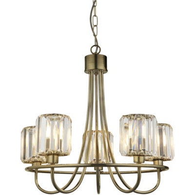 Loops Multi Arm Hanging Ceiling Pendant Light - Antique Brass Plate & Clear Glass - 5 X 6W Led E14 - image 1