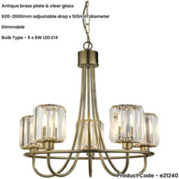 Loops Multi Arm Hanging Ceiling Pendant Light - Antique Brass Plate & Clear Glass - 5 X 6W Led E14 - thumbnail 2