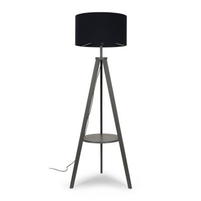 Valuelights Morrigan Grey Wood Shelf Tripod Floor Lamp With Black Drum Shade - image 1