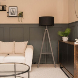 Valuelights Morrigan Grey Wood Shelf Tripod Floor Lamp With Black Drum Shade - thumbnail 5