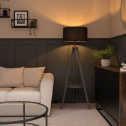 Valuelights Morrigan Grey Wood Shelf Tripod Floor Lamp With Black Drum Shade - thumbnail 3