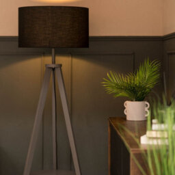 Valuelights Morrigan Grey Wood Shelf Tripod Floor Lamp With Black Drum Shade - thumbnail 6