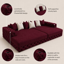 Stratus Interiors Bella Cinema Luxury Sofa For Tv Room, Plush Velvet Upholstered- Chesterfield Front And Sides - No Cupholders - Burgundy Plush - thumbnail 2