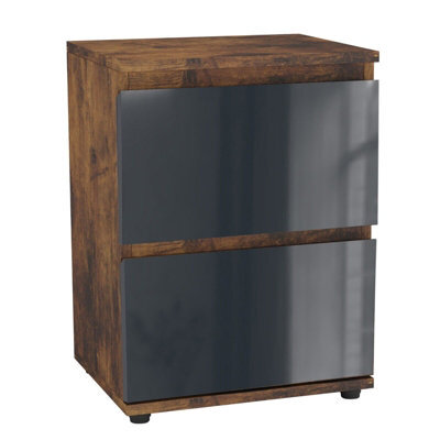 Urbn-Living Urbnliving 49Cm Height Glossy 2 Drawers Bedside Cabinet Chest Of Drawers With Smooth Metal Runner Rustic Brown & Grey - image 1