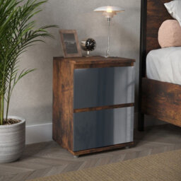 Urbn-Living Urbnliving 49Cm Height Glossy 2 Drawers Bedside Cabinet Chest Of Drawers With Smooth Metal Runner Rustic Brown & Grey - thumbnail 4