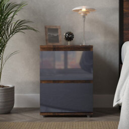Urbn-Living Urbnliving 49Cm Height Glossy 2 Drawers Bedside Cabinet Chest Of Drawers With Smooth Metal Runner Rustic Brown & Grey - thumbnail 5