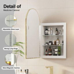 Keepreaper Sleek Arch Bathroom Mirror Cabinet Brushed Gold Metal Framed Wall Mounted 42X68 Bathroom Cabinet - thumbnail 5