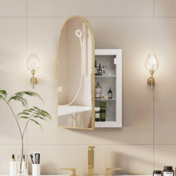 Keepreaper Sleek Arch Bathroom Mirror Cabinet Brushed Gold Metal Framed Wall Mounted 42X68 Bathroom Cabinet