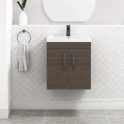 Royal Bathrooms Turin Grey Elm 500mm Wall Hung Vanity Unit 2 Door With Mid-Edge Basin Sink & Matt Black Handles - image 1