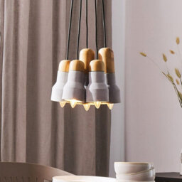 Wyld And Coco 5-Light Concrete Pendant Cluster With Pine Accents - Industrial Retro Lighting For Dining And Living Rooms - thumbnail 2