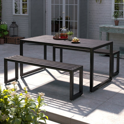 Living And Home Outdoor Wooden And Metallic Garden Dining Set Coffee Table And Benches Set With Umbrella Hole 150Cm