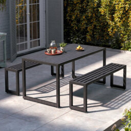 Living And Home Outdoor Wooden And Metallic Garden Dining Set Coffee Table And Benches Set With Umbrella Hole 150Cm - thumbnail 2