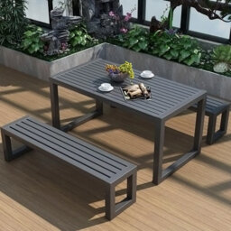 Living And Home Outdoor Wooden And Metallic Garden Dining Set Coffee Table And Benches Set With Umbrella Hole 150Cm - thumbnail 3