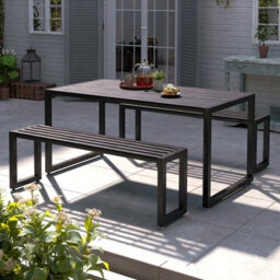 Living And Home Outdoor Wooden And Metallic Garden Dining Set Coffee Table And Benches Set With Umbrella Hole 150Cm - thumbnail 1