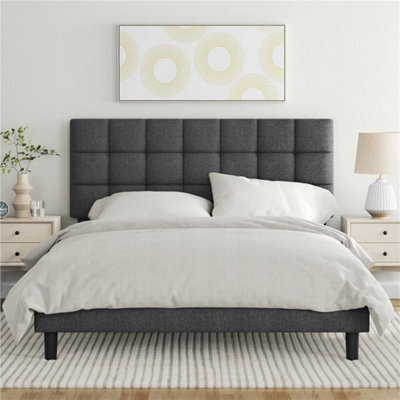 Double (135X190Cm) Upholstered Bed With Adjustable Linen Tufted Square Headboard Dark Grey - image 1