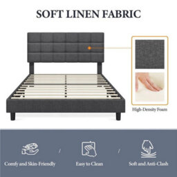 Double (135X190Cm) Upholstered Bed With Adjustable Linen Tufted Square Headboard Dark Grey - thumbnail 4