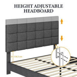 Double (135X190Cm) Upholstered Bed With Adjustable Linen Tufted Square Headboard Dark Grey - thumbnail 5
