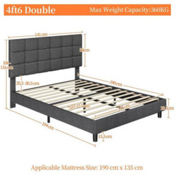 Double (135X190Cm) Upholstered Bed With Adjustable Linen Tufted Square Headboard Dark Grey - thumbnail 2
