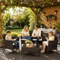 4-Piece Rattan Loveseat Set Outdoor Garden Sofa+2 Armchairs & Table Brown Wicker - thumbnail 5