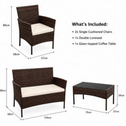 4-Piece Rattan Loveseat Set Outdoor Garden Sofa+2 Armchairs & Table Brown Wicker - thumbnail 2