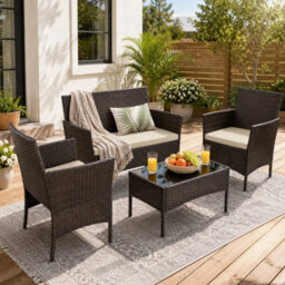 4-Piece Rattan Loveseat Set Outdoor Garden Sofa+2 Armchairs & Table Brown Wicker
