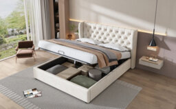 Abrihome Upholstered Bed, With Hydraulic Lever, Functional Bed With Storage, 135 X 190 Cm, Without Mattress, Velvet, Beige - thumbnail 9