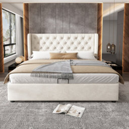 Abrihome Upholstered Bed, With Hydraulic Lever, Functional Bed With Storage, 135 X 190 Cm, Without Mattress, Velvet, Beige - thumbnail 7