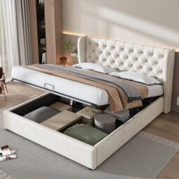 Abrihome Upholstered Bed, With Hydraulic Lever, Functional Bed With Storage, 135 X 190 Cm, Without Mattress, Velvet, Beige - thumbnail 1