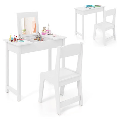 Costway Kids Vanity Set 2 In 1 Vanity Table & Chair Set W/ Flip Top Mirror-White - image 1