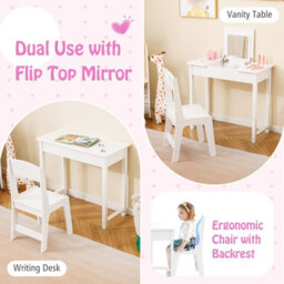 Costway Kids Vanity Set 2 In 1 Vanity Table & Chair Set W/ Flip Top Mirror-White - thumbnail 5