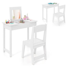 Costway Kids Vanity Set 2 In 1 Vanity Table & Chair Set W/ Flip Top Mirror-White - thumbnail 1