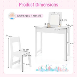 Costway Kids Vanity Set 2 In 1 Vanity Table & Chair Set W/ Flip Top Mirror-White - thumbnail 4