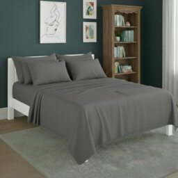 Plain Poly Cotton Easy Care Fitted Flat Sheet Matching Pillowcases Set Grey - thumbnail 1