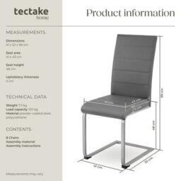 Tectake Set Of 8 Dining Chairs - Cantilevered, High Backrest, Flat Steel Frame  - Grey - thumbnail 6