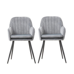 Thehotsale Set Of 2 Grey Velvet Dining Chairs With Armrests And Black Iron Legs - thumbnail 1