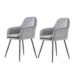 Thehotsale Set Of 2 Grey Velvet Dining Chairs With Armrests And Black Iron Legs - thumbnail 2