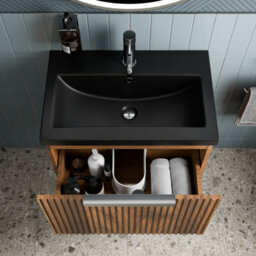 Aveli Fluted 600mm Bathroom Vanity Unit Basin Wall Hung Cupboard Soft Close Walnut - thumbnail 4