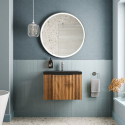 Aveli Fluted 600mm Bathroom Vanity Unit Basin Wall Hung Cupboard Soft Close Walnut - thumbnail 2
