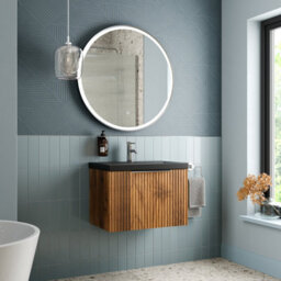 Aveli Fluted 600mm Bathroom Vanity Unit Basin Wall Hung Cupboard Soft Close Walnut - thumbnail 3