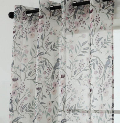 "Curtains at Home Pair Exotic Bird Blossom Design Eyelet Ring Top White Voile Panels - 54"" (137Cm) Drop" - image 1